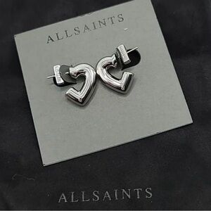 ALL SAINTS Silver Tone Small Heart Huggie Hoops Earrings NWT Post Back NWT 💝